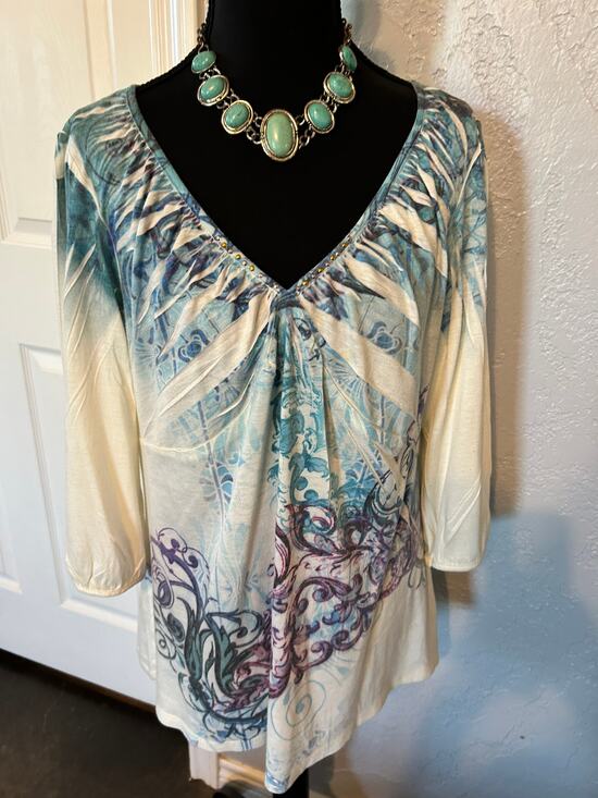 Style & Co. Tops - Style & Co. Blue Scroll Abstract V-Neck Embellished Top - Size L - EUC